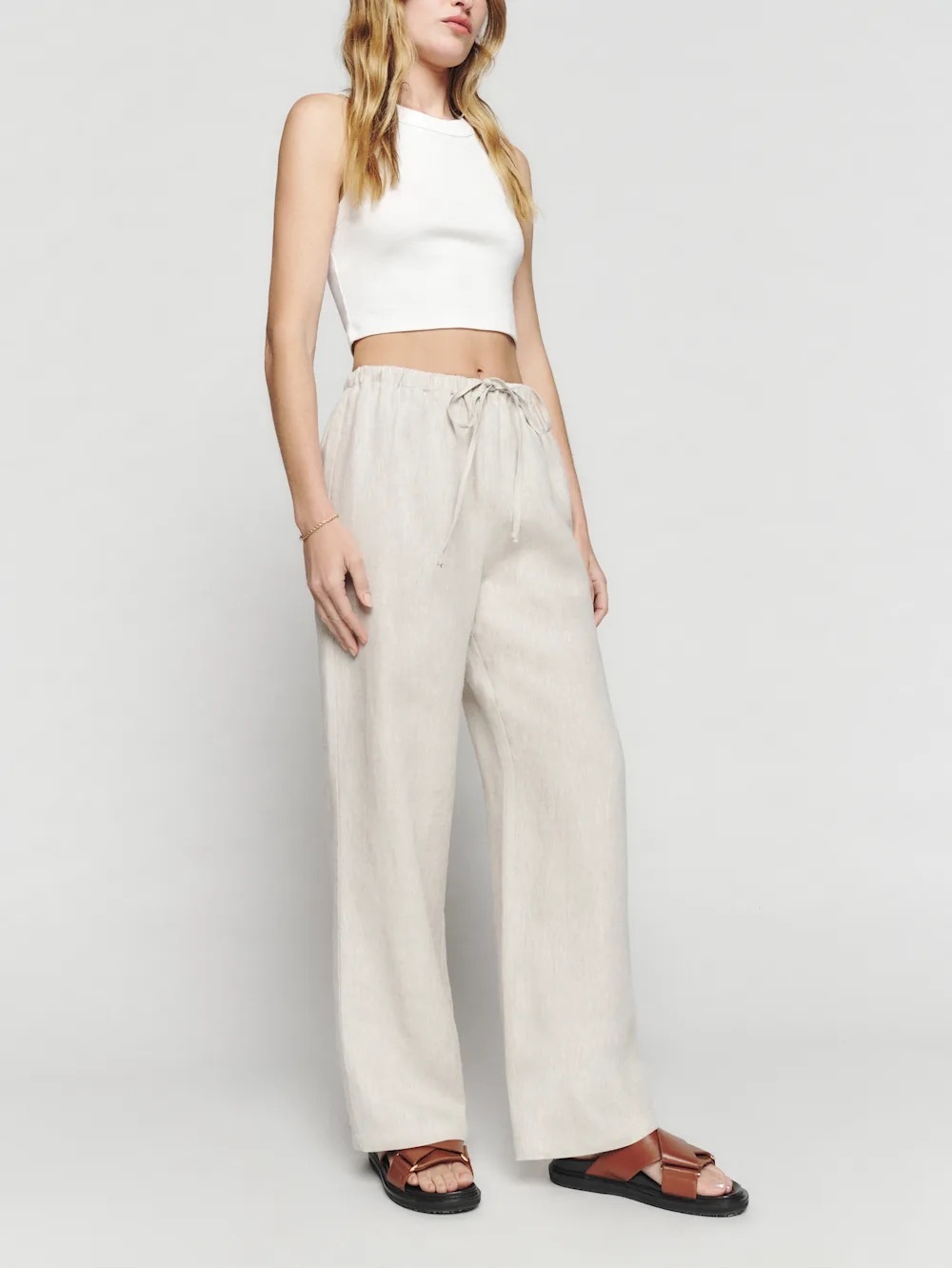 Reformation Light Cream Wide-Leg Olina Linen Pant
